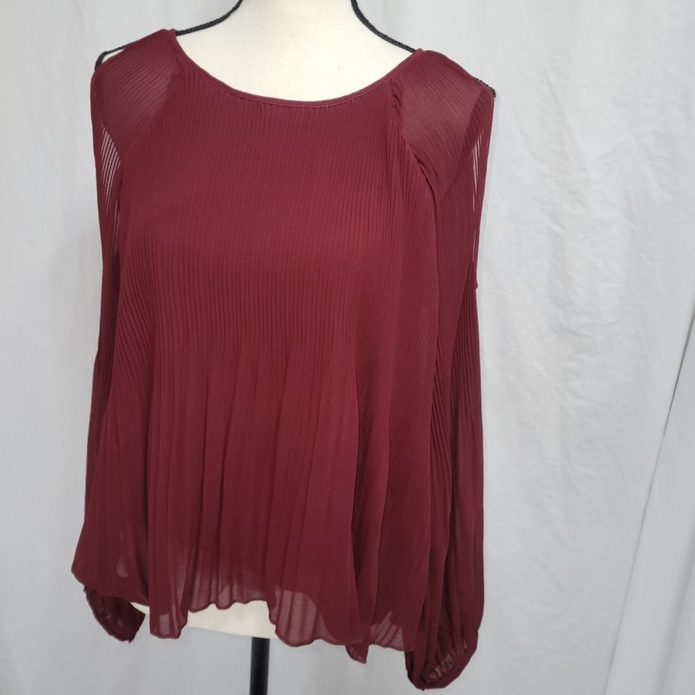 Romeo and Juliet Couture blouse, sheer long sleeve, burgandy, SZ Medium NWT